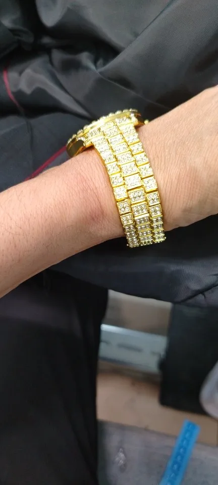 Diamond Bling Watch Men Gold Color Luxury Gift Quartz Watches Male Clock Rhinestone Calendar Wristwatch