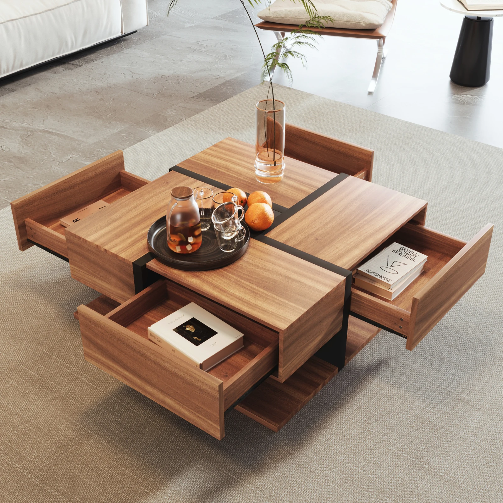 Rosahqnda Couchtisch, Quadratischer Wohnzimmertisch, Sofatisch mit 4 Schubladen, Multifunktionaler Stauraum,Wohnzimmerdekoration – Detail 3