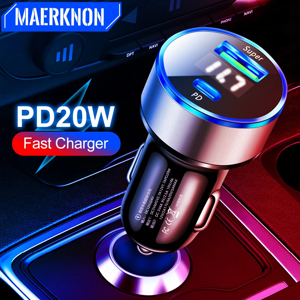 

20W PD Автомобильное зарядное устройство Супербыстрая зарядка Цифровой дисплей USB Мобильный зарядный адаптер типа C для быстрой зарядки iPhone Xiaomi