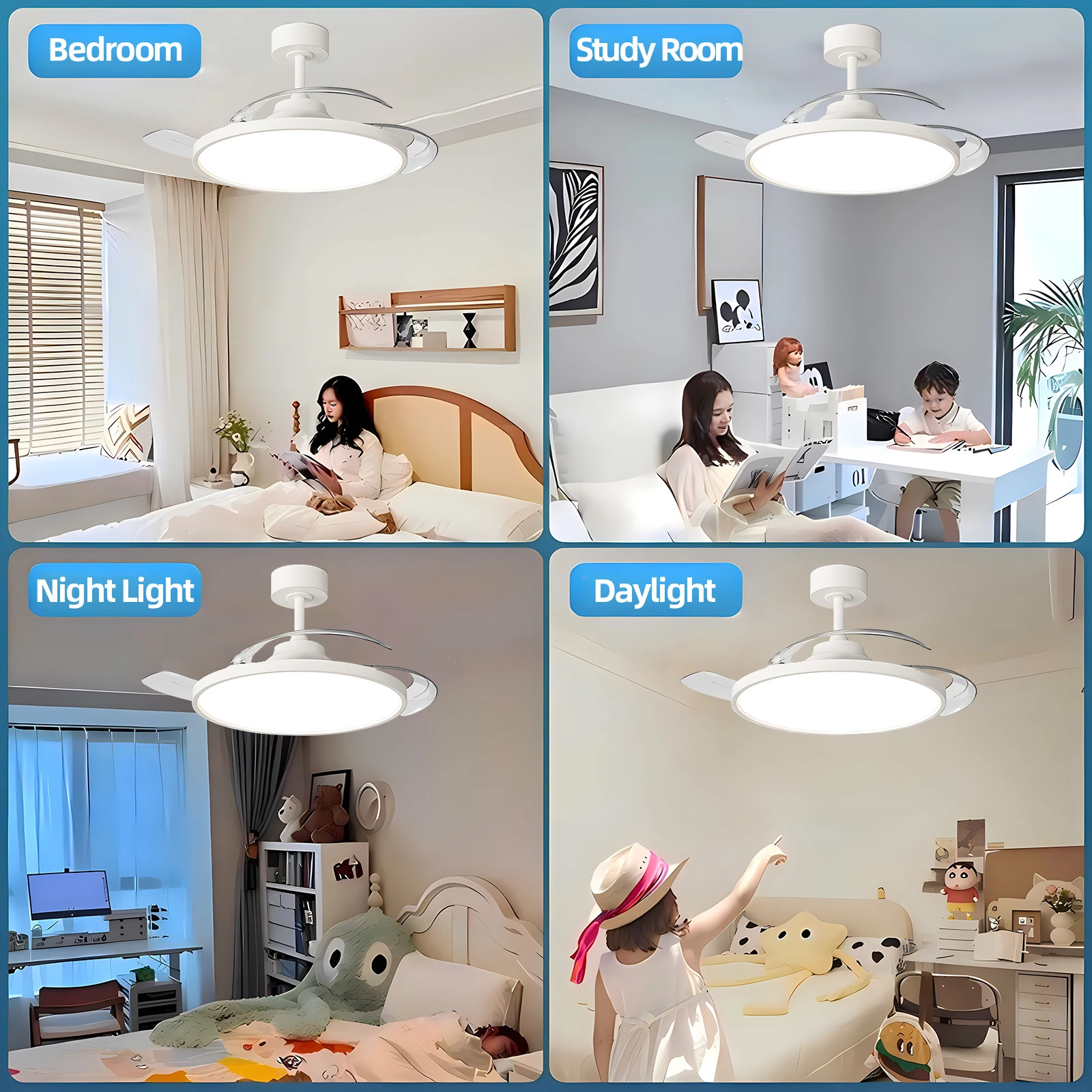 Retractable Ceiling Fan with Lights Remote Control Dimmable 42/48 Inch Modern invisible Ceiling Fan Bedroom Dinning Room 6 Speed