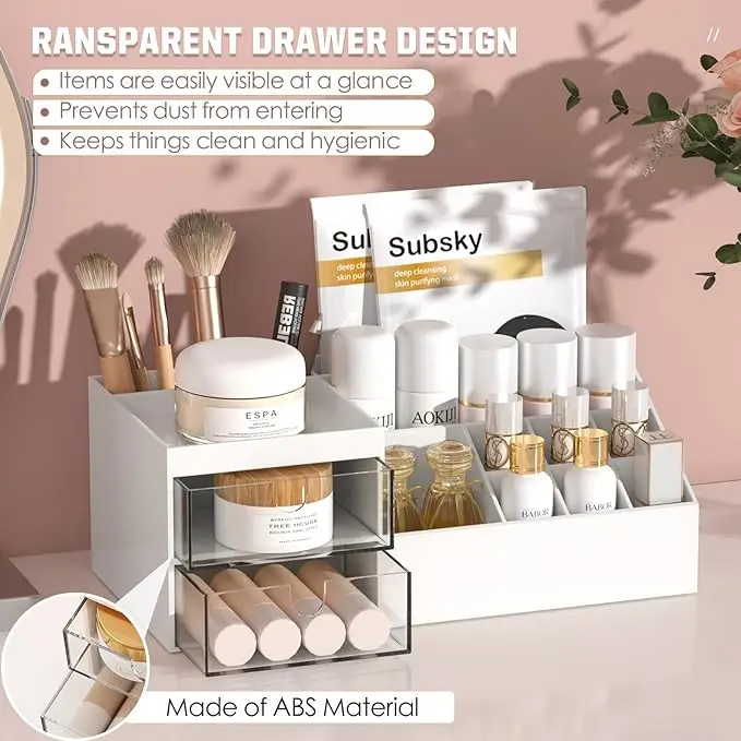 Multi-drawer makeup organizer. White plastic design for brushes and cosmetics. Fits countertops or vanities. 6