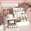 Multi-drawer makeup organizer. White plastic design for brushes and cosmetics. Fits countertops or vanities. 6