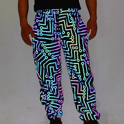 Holographic Men Reflective Geometric "Circuit Pattern" Colorful Hip Hop Pants Casual Jogging Sweatpants