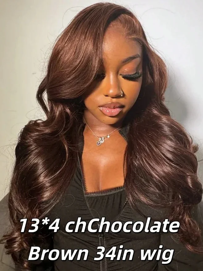 200 Density 30 34Inch Chocolate Brown Body Wave Human Hair Wigs Brazilian 13x4 HD Lace Frontal Wigs #4 Color 13x4 Lace Front Wig 3