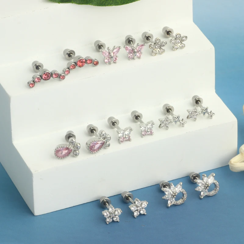 2pcsc Mini Crystal Butterfly Sweet Stud Earrings for Women Flower Helix Cartilage Tragus Lobe Teen Ear Piercing Jewelry Ear Stud