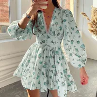 Women Floral Print Mini Dress High Waist A-Line Summer Autumn Long Sleeve V Neck Dresses Vintage Beach Vacation Casual Vestidos - Image 4
