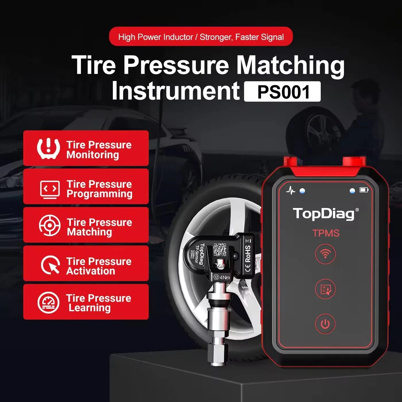 PS001 자동차 TPMS 진단 서비스 도구, 모든 TPMS 센서 활성화, 재학습 프로그램 TP-센서 (PS001 + TPMS OBDII 키트), 신상