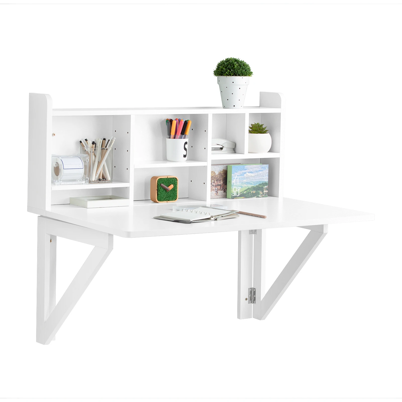 SoBuy FWT07-II-W Wall folding table with integrated shelf wall cabinet kitchen table dining table White BHT approx. 90x78x60cm