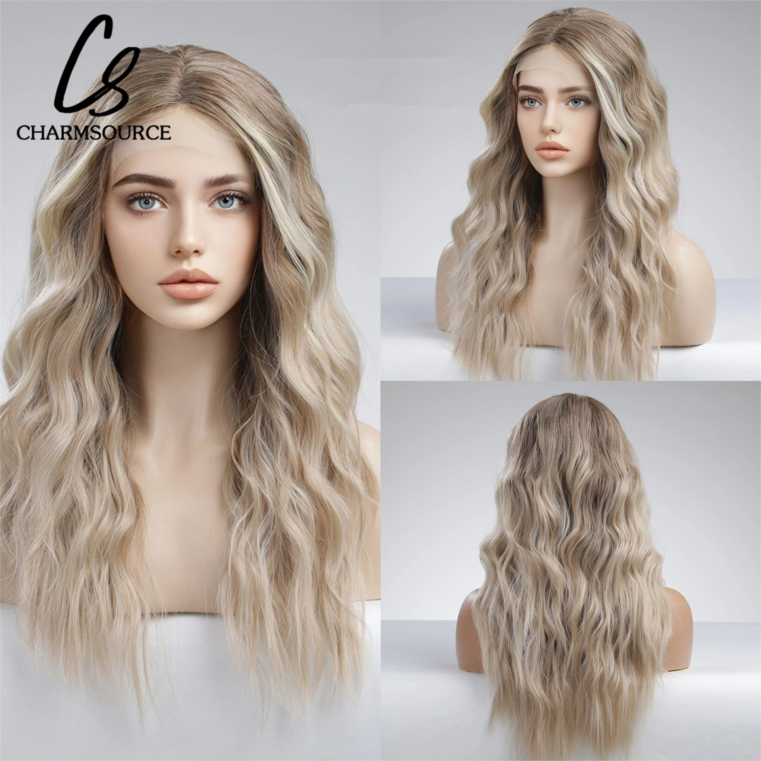 Lace Front Wig Long Brown Ombre Highlight Blonde Hair Body Wavy Synthetic for Women Daily Use High Density for Lace Front Wig Lace Wigs Synthetic Wigs Womens Synthetic Wigs