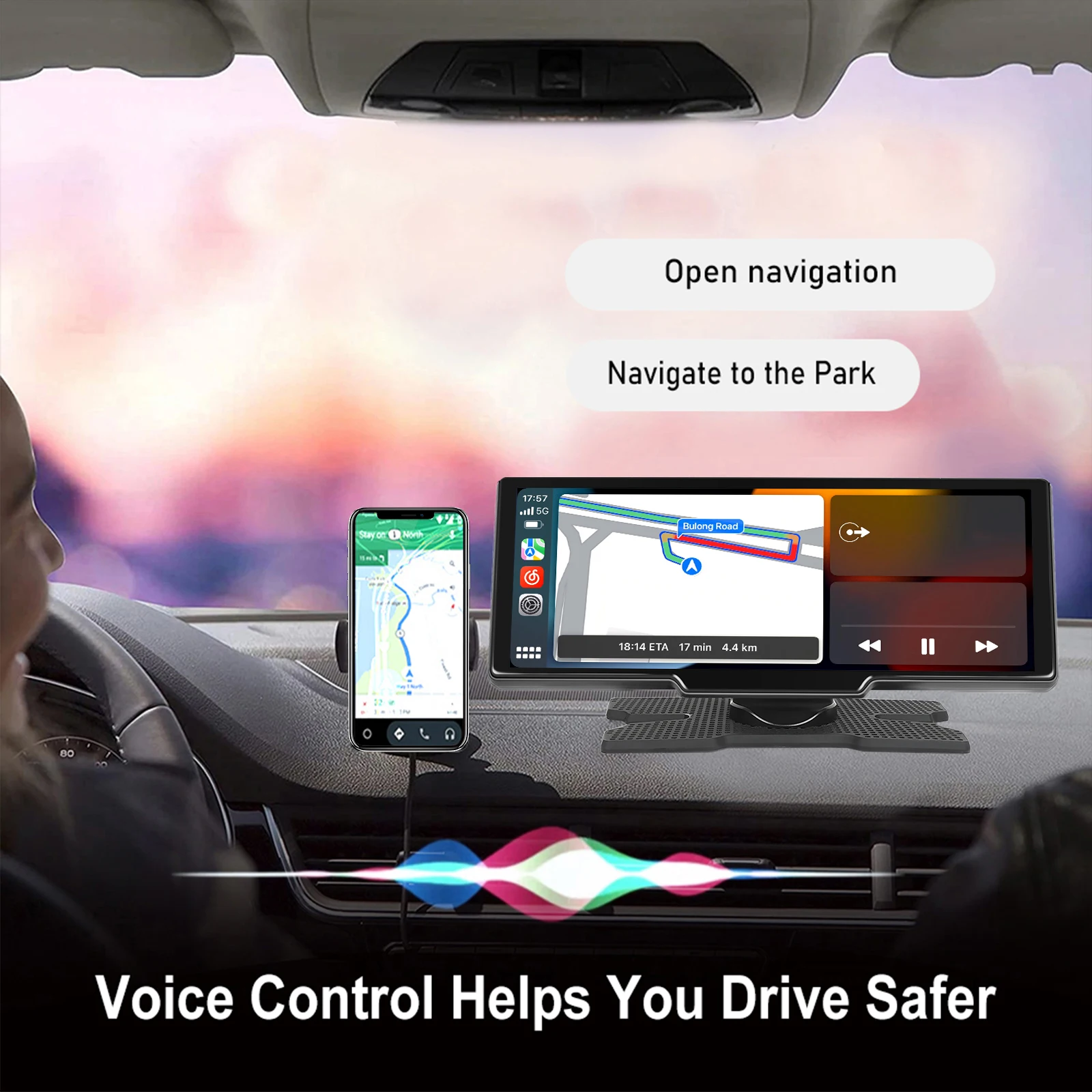 Podofo Universal 10.26" Portable Smart Player Wireless Carplay Android Auto Car Stereo Digital Dashboard With Foward Camera BT