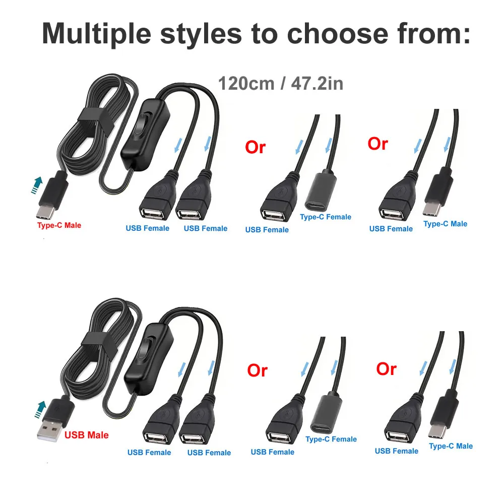 On/Off 스위치가 있는 5V USB 유형 C 연장 케이블 LED 램프/팬/LED 스트립 등을 위한 USB C 남성-여성 분배기 충전 코드
