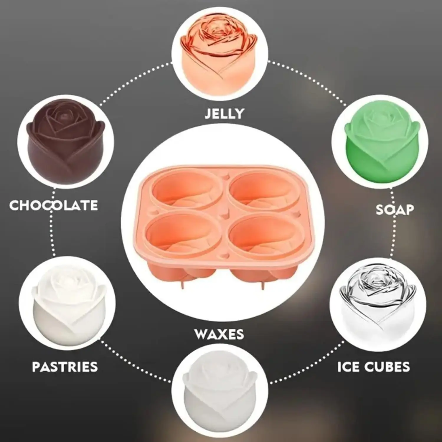 3D Rose Ice Cube Molds,Food Grade Silicone,4 Cavities Per Tray,Fun Shaped Frozen Tray,Slow Melting Ice for Whiskey,Cocktails 3