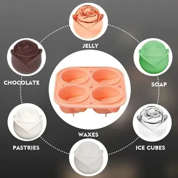 3D Rose Ice Cube Molds,Food Grade Silicone,4 Cavities Per Tray,Fun Shaped Frozen Tray,Slow Melting Ice for Whiskey,Cocktails 3