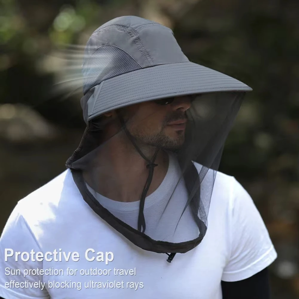 Mosquito Prevention Cap For Fishing Insect Protective Cap Mosquito Head Net Full-Mesh Drawstring Windproof Strap Beekeeping