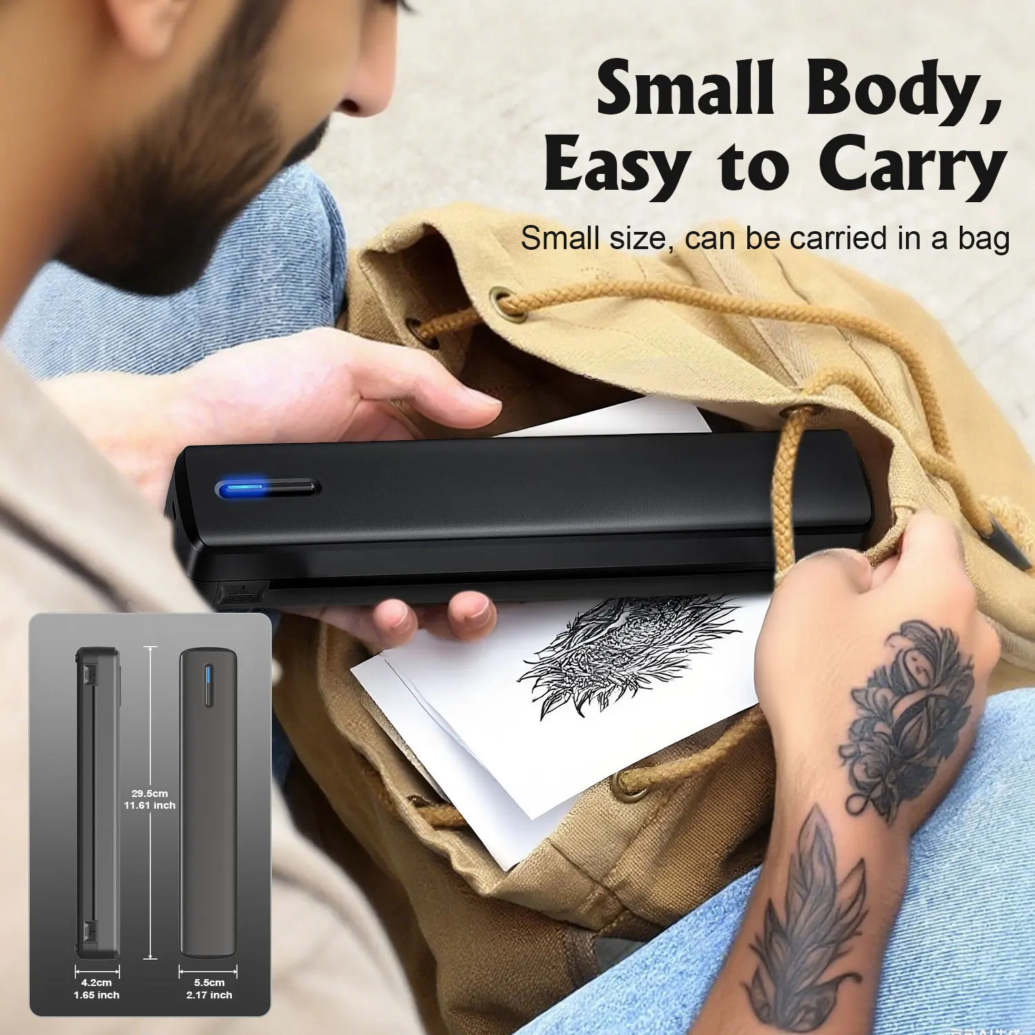 Upgraded Portable Printer M08D Direct Thermal Printer, A4 Version / Printer Only (with 1 Test Roll) M08dbkg