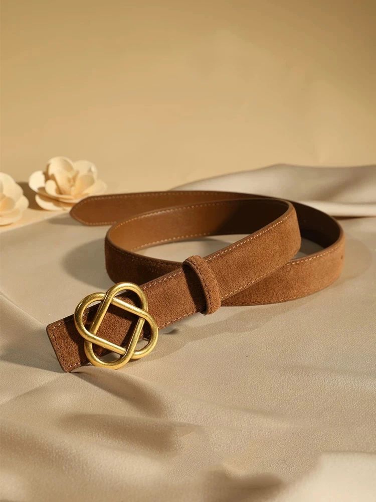 Vintage Style Suede Cowhide Belt with Retro Golden Buckle, 2.8cm Wide