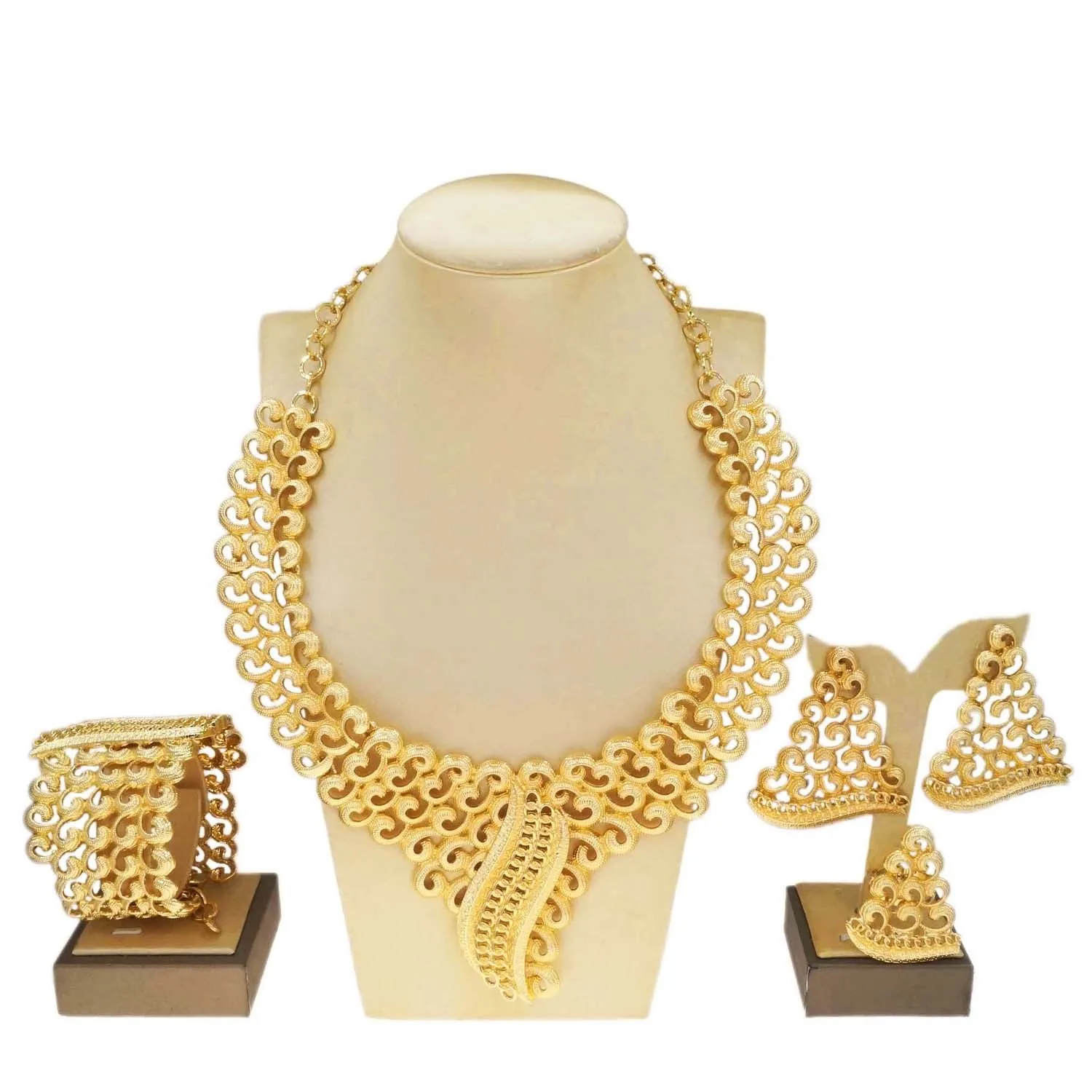 Jewelry Set Women Italian Brazilian Gold Plated Luxury Wedding Necklace Earrings Bracelet Set Gold Colors Party Jewelry