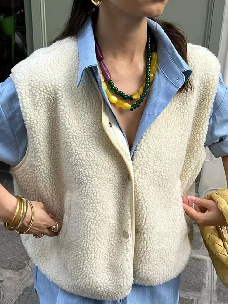 Women Jacket Lamb Single Breasted Vests Casual Pocket Sleeveless Solid Round Neck Button Up