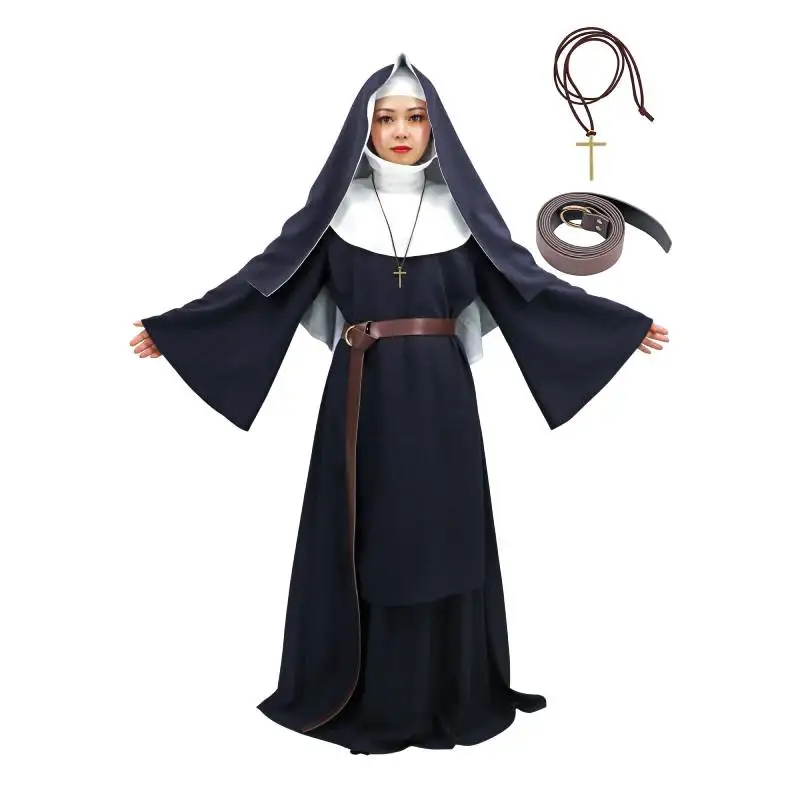

DAZCOS Women's The Nun Cosplay Costume Robe with Headkerchief Adult Horror Ghost Costume Halloween Scary Paly Costume for Women