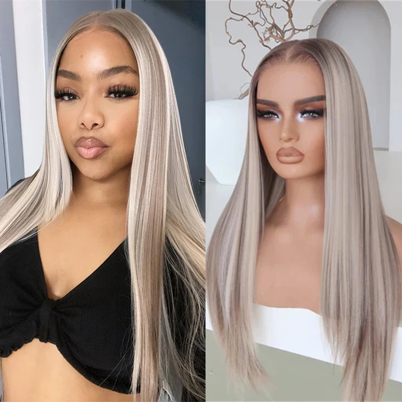 Human Hair Blend Highlight Glueless Wig Ash Blonde Platinum Straight Lace Front Wig Synthetic Heat Resistant Fibre for Women
