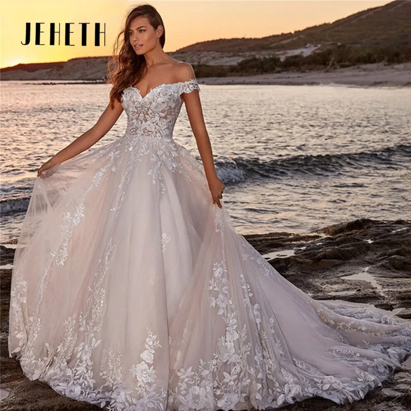 

JEHETH A-Line Wedding Dresses For Women Sweetheart Lace Appliques Off Shoulder Bridal Gown Sexy Backless Vestidos De Novia