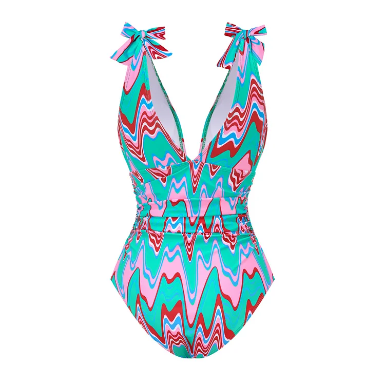 2024 Women Swimsuit and Sarong Green Ripple Print Acrylic Ring One Piece Swimwear Set Women Beachwear Luxury Bathing Suit bikini