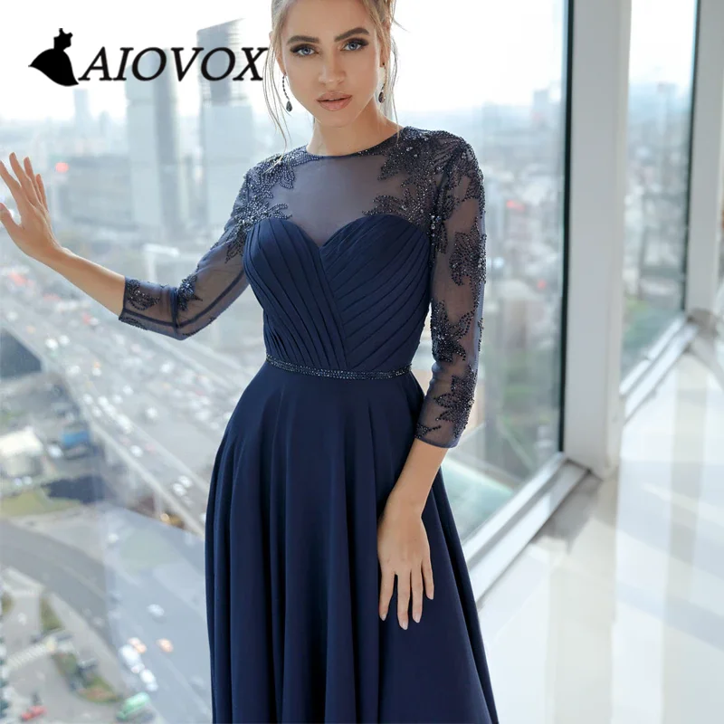 AIOVOX Elegant Plus Size Mother Of the Bride Dresses Lace Illusion Chiffon Appliques Party Dress For Women Sash Vestido De Noche