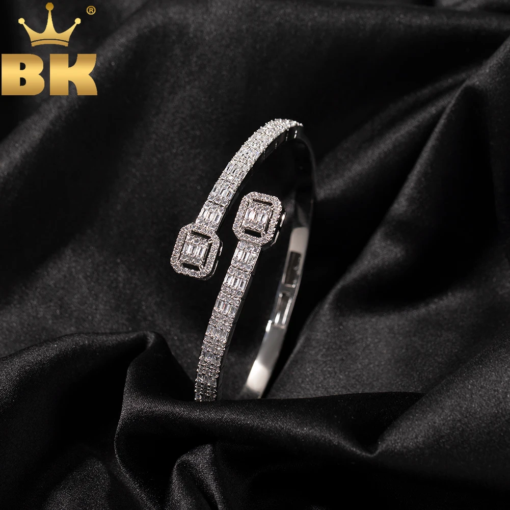 THE BLING KING Opened Baguettecz Cuff Bangle Micro Paved Bling Cubic Zirconia Bracelet Luxury Gift For Women Men Hiphop Jewelry