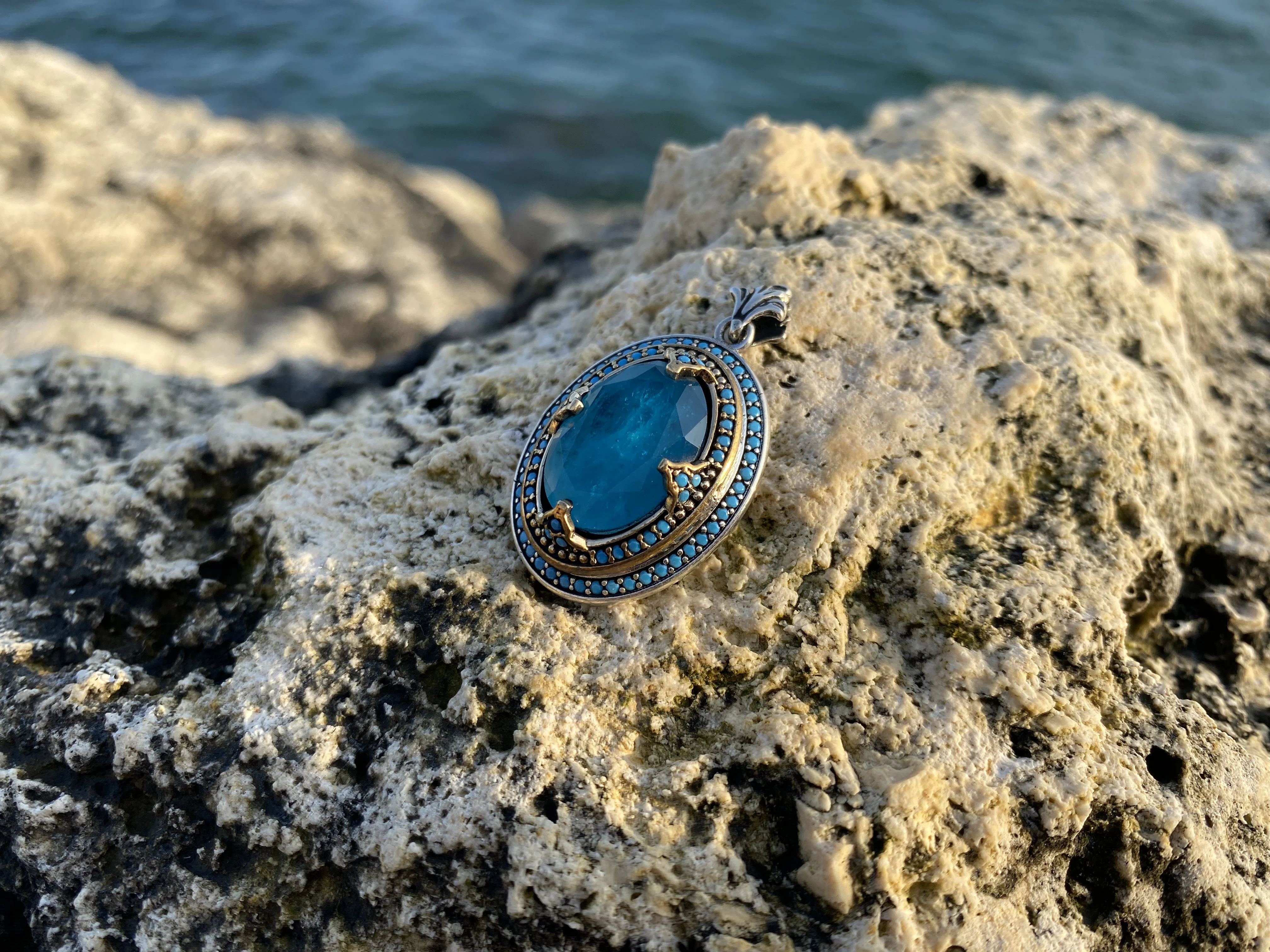 

Silver Handmade Unisex Necklace Sultan Desing Blue Paraiba Stone Gift for Parents, Partners, Lovers 925k Sterling Jewelry