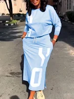 Plus size women's spring &summer letter-printed round neck short long-sleeved top and hip-covering slit skirt sporty fashion set - Image 2