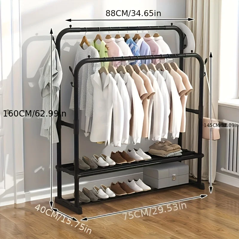 Double-Layer Clothes Drying Rack with Shoe Storage Shelf–Organizer Shelf,Floor Standing Design for Bedroom,Balcony,or Bathroom 3