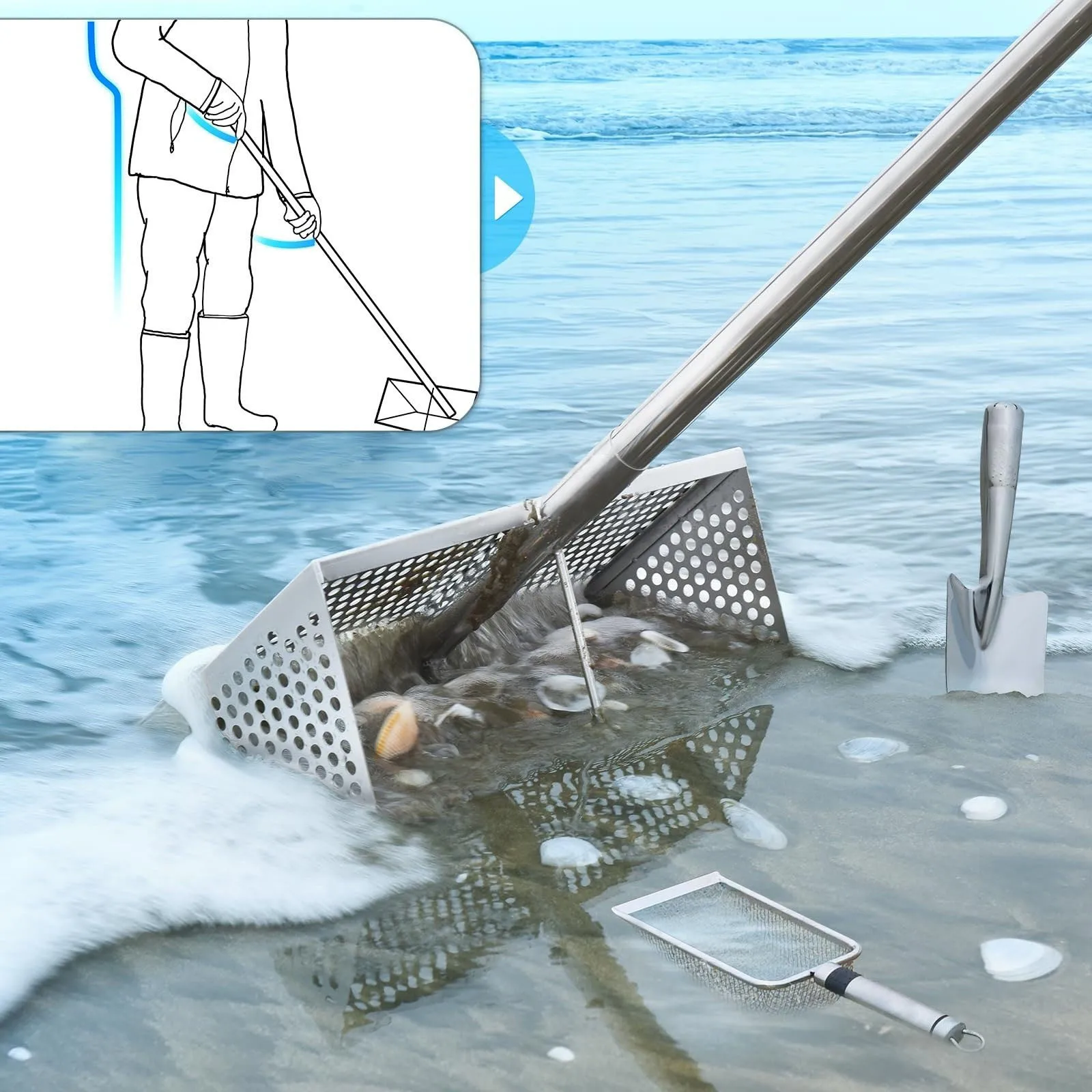 Sandsiebrechen mit ergonomischem Griff, aus Kohlenstoffstahl, mit scharfen Zähnen, abnehmbarer Konstruktion für den Außenbereich am Meer_voghion.com