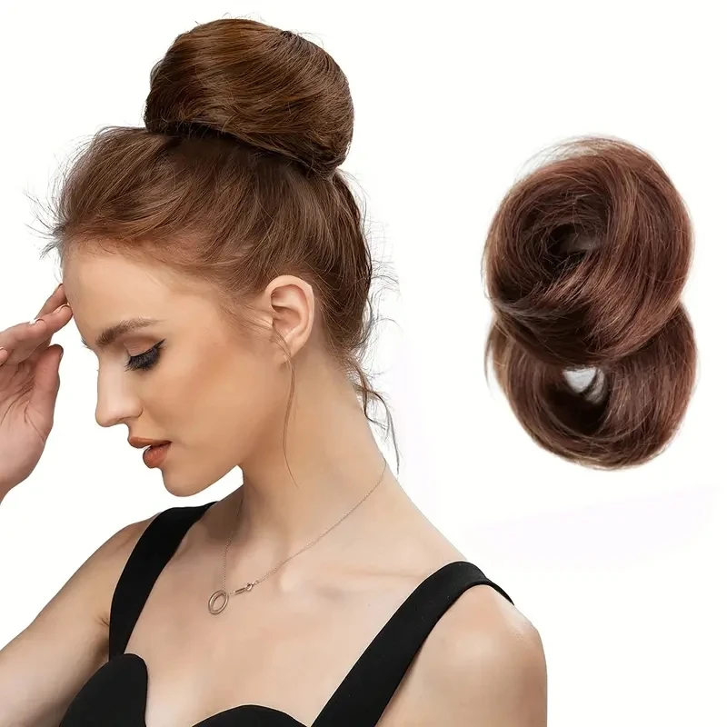 100% Human Hair Bun Straight Updo Scrunchies Elegant Donut Chignon With Elastic Rubber Band Scrunchy Hairpiece Brown Color human hair bun pieces