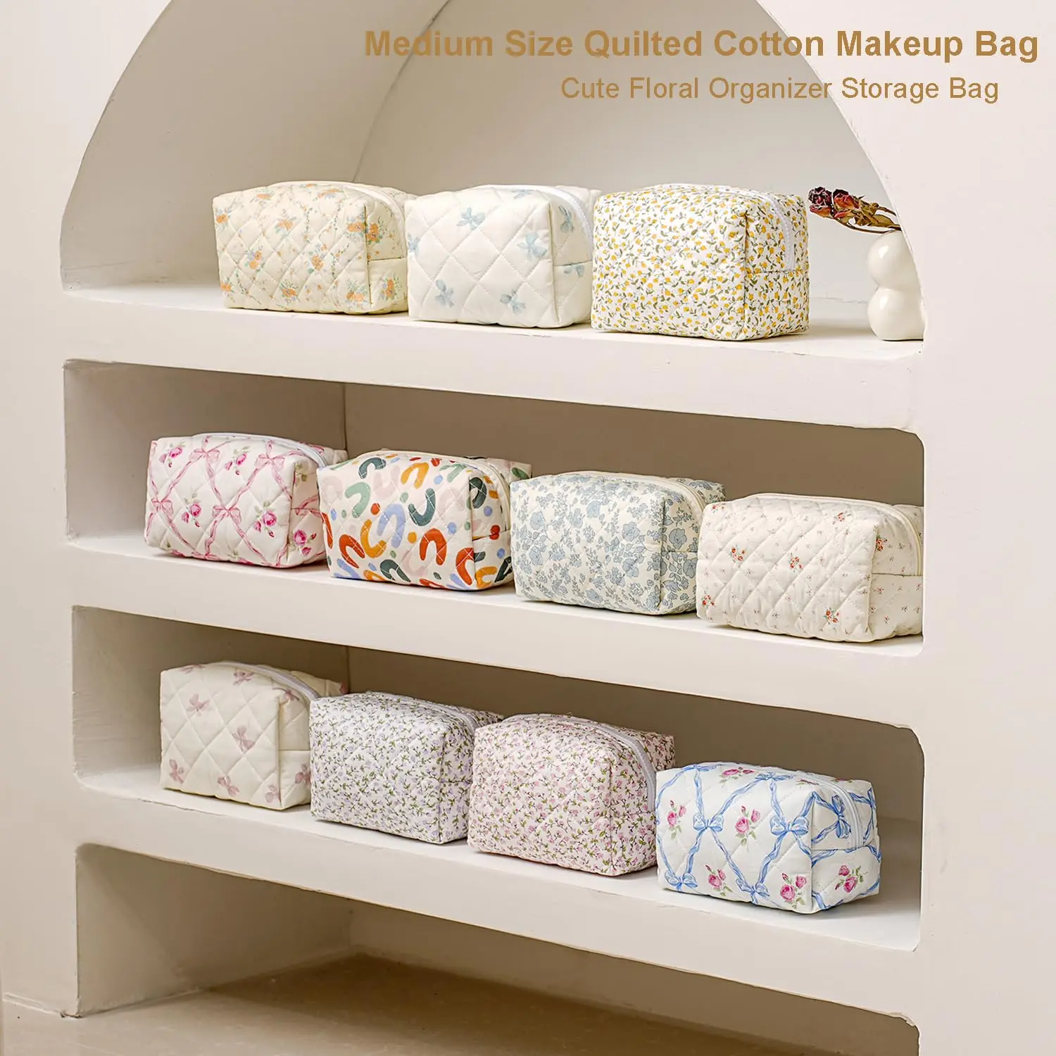 Storage Organizer Floral Puffy Quilted Makeup Bag Flower Printed Cosmetic Pouch Large Travel Cosmetic Bag Make up Aesthetic 4