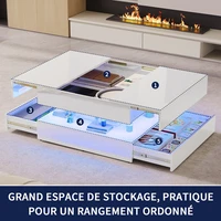 Table basse haute brillance avec LED, table de salon rectangulaire moderne avec 2 tiroirs, table à café avec rangement, coffee table pour salonn, chambre à coucher, blanc/noir 8