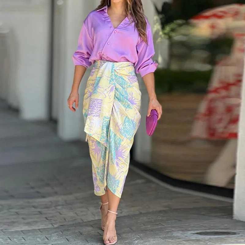 

2023 Spring New Arrival Women's Fashion: Commuter Style Shirt and Casual Midi Skirt Set