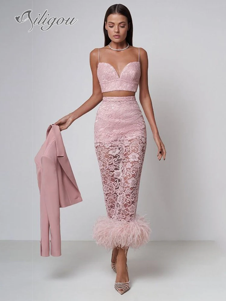 

Ailigou 2024 New Summer Women's Sexy V-neck Short Top Feather Lace Dress Bandage 2-piece Set Elegant Celebrity Party Set