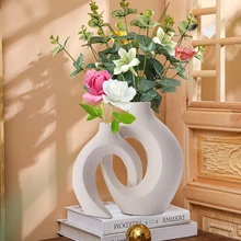 Nordic Ceramic Vase Circular Hollow Vase Donuts Flower Pot For Home Office Living Room Interior Desktop Decoration Accessories