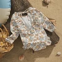 EWODOS 1-4 Years Toddler Baby Kids Girls Summer Sweet Swimsuits Floral Print Long Sleeve Ruffles Swimwear Beachwear Bathing Suit 2