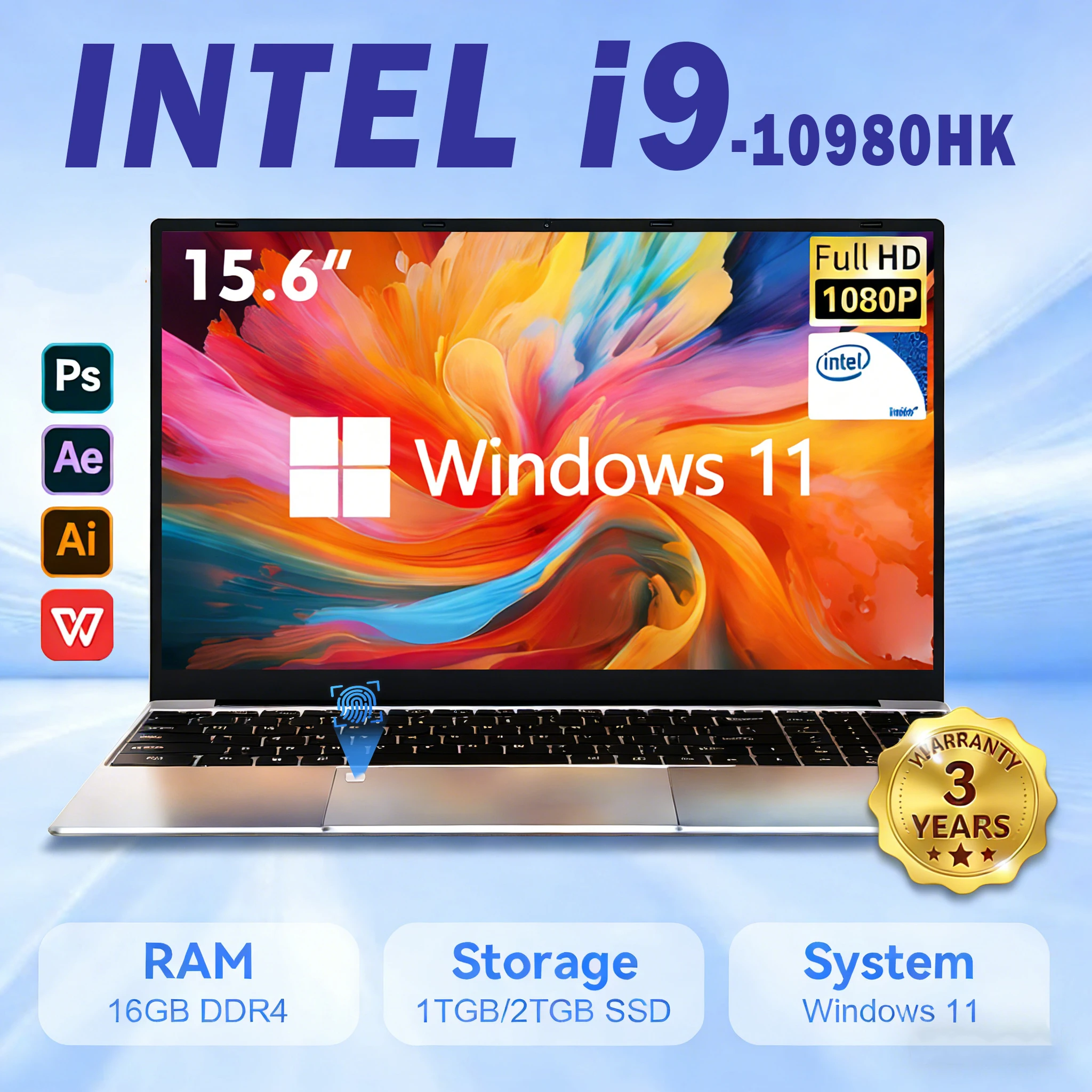 Portátiles de 15.6 Pulgadas con Windows 11, Intel Core i9-10980HK, Desbloqueo por Huella Dactilar, Portátiles para Juegos de 1920*1080P, 16 GB de RAM, 2 TB de SSD