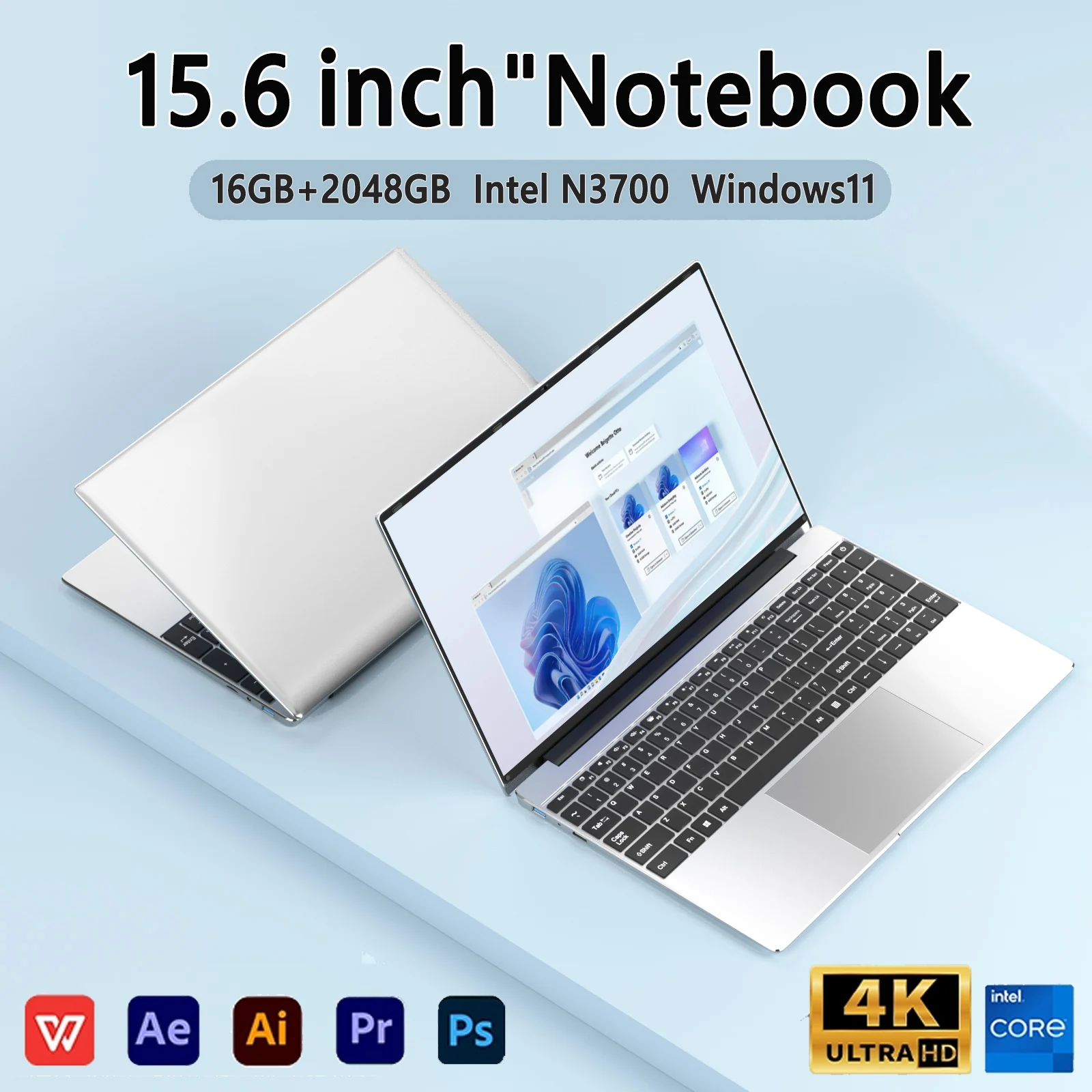 Notebook Laptop 15.6" 16GB RAM 2TB SSD Intel N3700 1920*1080 Display Gamer Office Study Computer PC Windows 11 Pro
