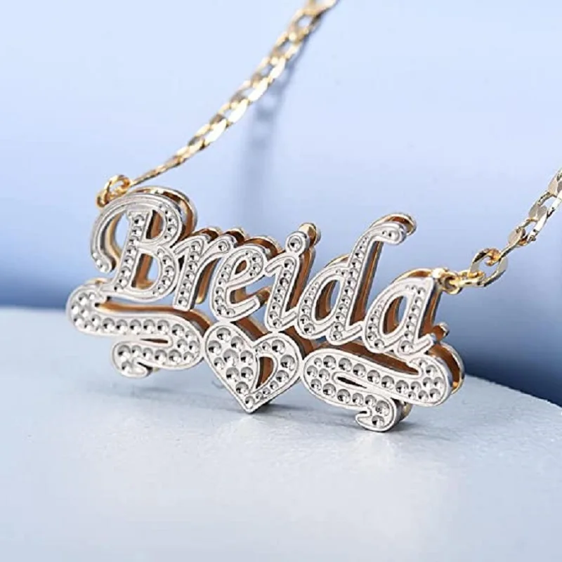 Custom Double Plated 3D Beaded Name Necklace Personalized Double Layer Pendant With Heart Stainless Steel Jewelry Gift For Women