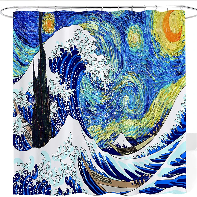 

The Last Judgement Renaissance Classical Art Antique Theme Starry Night Kanagawa Ocean Waves Microfiber Fabric Shower Curtain