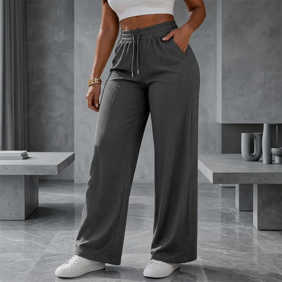 Pantalón Wide Leg Texturizado con Cintura Elástica y Bolsillos