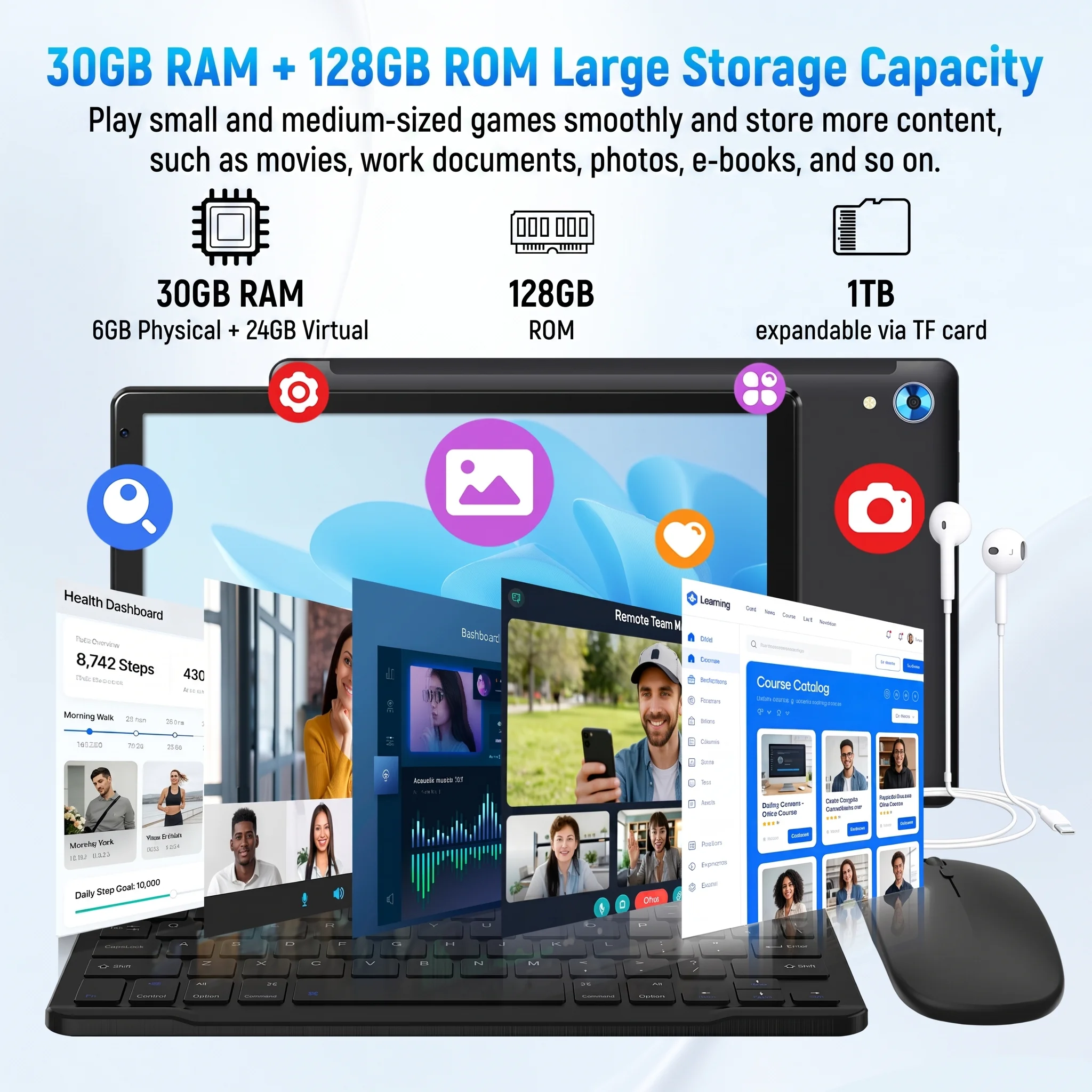10.1 Inch Android 16 Tablet Set 30GB(6+24) RAM 128GB ROM A537 Octa-Core IPS 1280*800 Tablet PC With Keyboard Mouse Stylus Pen Earphone 6000mAh Widevine L1 Certified Black Tablet Bundle