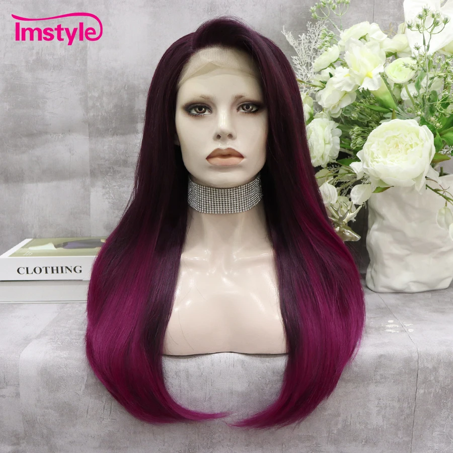 

Imstyle Ombre Фиолетовый парик, синтетические кружевные передние парики для женщин, термостойкие волосы, прямые волосы, искусственные волосы, парик для косплея