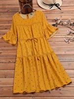 Plus size women's summer fresh pastoral style, small polka dot drawstring fashion simple elegant intellectual round neck dress。 - Image 2