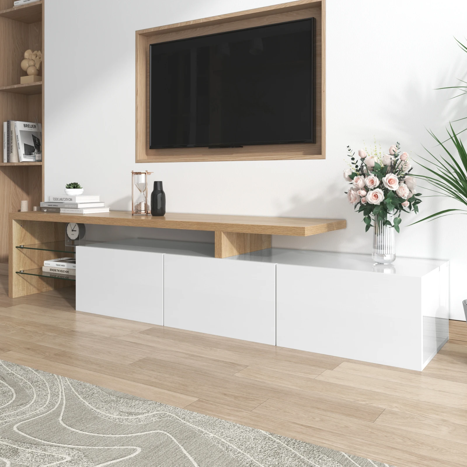Rosahqnda Moderner TV-Schrank mit LED-Beleuchtung, stilvoller Eleganz-TV-Ständer mit Stauraum, Hochglanz- und Holzoptik, Glasregale – Detail 5