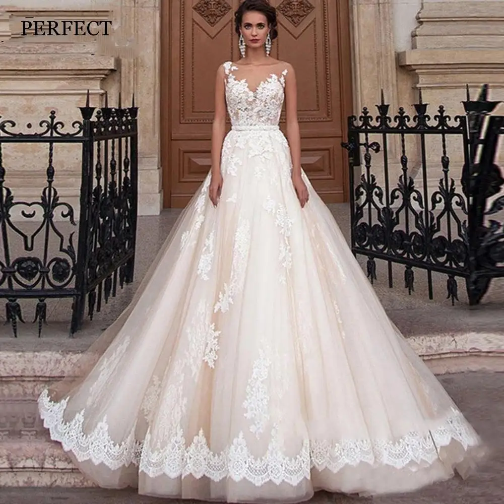 

PERFECT Luxury Ball Gown Wedding Dresses For Women 2023 Scoop Sleeveless Illusion Back Bridal Gown Lace Appliques Robe De Mariée