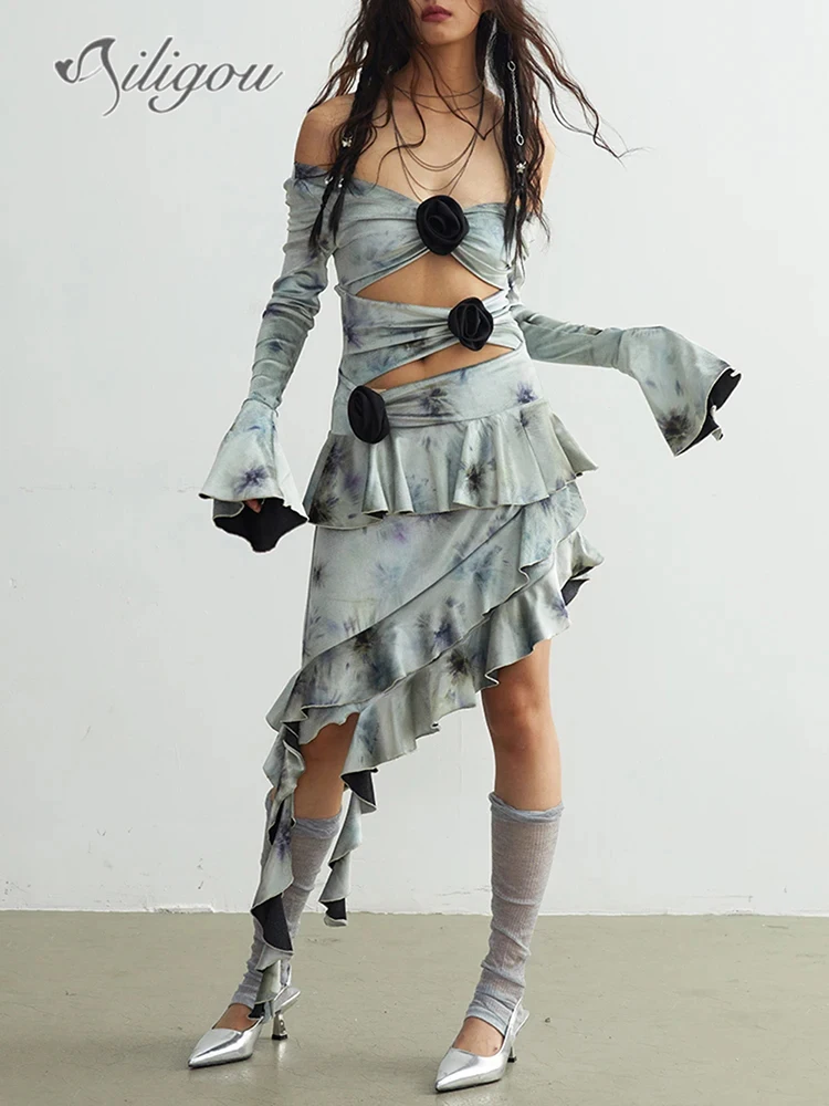 

Женское Асимметричное Платье с принтом, элегантное асимметричное платье знаменитости с V-образным вырезом и расклешенными рукавами, лето 2024